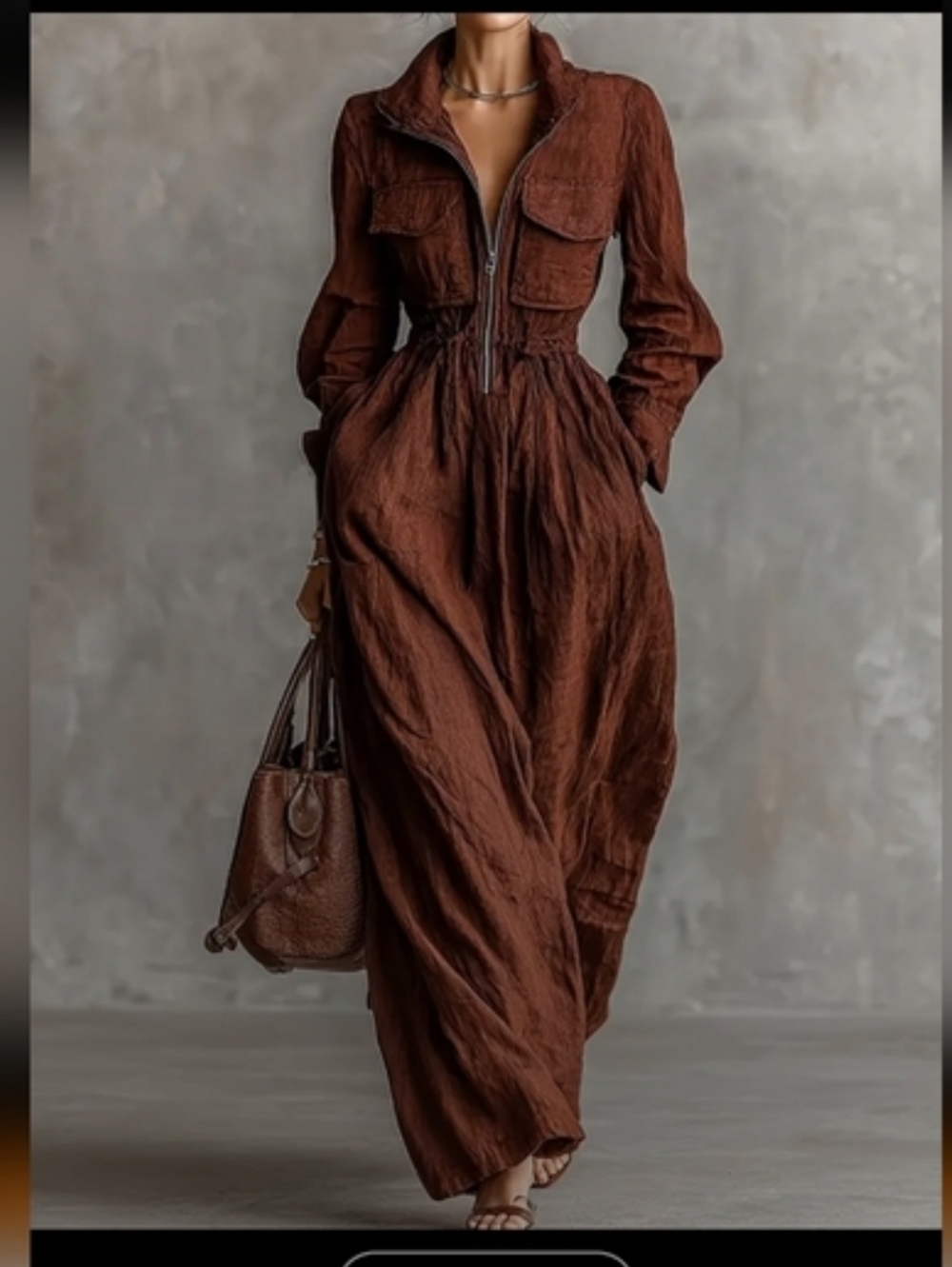 Women's  Brown Mocha Long-Sleeve Zip Front Jumpsuit Size XL NWOT